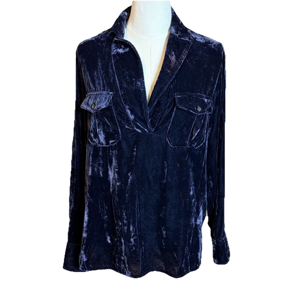 J.CREW Women’s XS Blue Velvet Long Sleeve V-Neck Shirt Goth Vamp